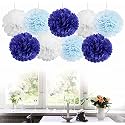 AMFIN® 18 Pcs. 10" Tissue Paper Pom Pom Flower Balls for Birthday Wedding Party Anniversary Welcome Baby Shower Decorations - Navy Blue, Light Blue &amp; White