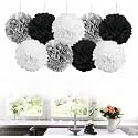 AMFIN® 18 Pcs. 10" Tissue Paper Pom Pom Flower Balls for Birthday Wedding Party Anniversary Welcome Baby Shower Decorations - Black, White &amp; Silver