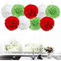 AMFIN® 18 Pcs. 10" Tissue Paper Pom Pom Flower Balls for Birthday Wedding Party Anniversary Welcome Baby Shower Decorations - Light Green, Red &amp; White