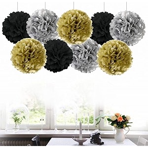 amfin 9 pcs 1034 tissue paper pom pom flower balls for birthday wedding party anniversary welcome baby shower decorations - black beige amp silver