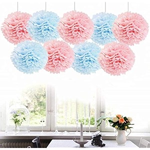 amfin 9 pcs 1034 tissue paper pom pom flower balls for birthday wedding party anniversary welcome baby shower decorations - light blue amp light pink