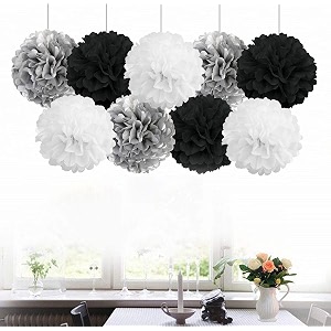 amfin 9 pcs 1034 tissue paper pom pom flower balls for birthday wedding party anniversary welcome baby shower decorations - black white amp silver