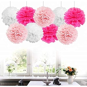 amfin 9 pcs 1034 tissue paper pom pom flower balls for birthday wedding party anniversary welcome baby shower decorations - dark pink light pink amp white
