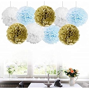 amfin 9 pcs 1034 tissue paper pom pom flower balls for birthday wedding party anniversary welcome baby shower s light blue beige amp white