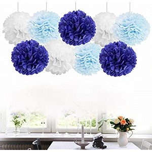 amfin 9 pcs 1034 tissue paper pom pom flower balls for birthday wedding party anniversary welcome baby shower decorations - navy blue light blue amp white