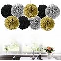 AMFIN® 9 Pcs. 10" Tissue Paper Pom Pom Flower Balls for Birthday Wedding Party Anniversary Welcome Baby Shower Decorations - Black, Beige & Silver