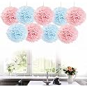 AMFIN® 9 Pcs. 10" Tissue Paper Pom Pom Flower Balls for Birthday Wedding Party Anniversary Welcome Baby Shower Decorations - Light Blue &amp; Light Pink
