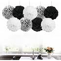 AMFIN® 9 Pcs. 10" Tissue Paper Pom Pom Flower Balls for Birthday Wedding Party Anniversary Welcome Baby Shower Decorations - Black, White & Silver