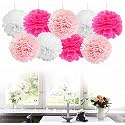 AMFIN® 9 Pcs. 10" Tissue Paper Pom Pom Flower Balls for Birthday Wedding Party Anniversary Welcome Baby Shower Decorations - Dark Pink, Light Pink &amp; White