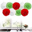 AMFIN® 9 Pcs. 10" Tissue Paper Pom Pom Flower Balls for Birthday Wedding Party Anniversary Welcome Baby Shower Decorations - Light Green, Red &amp; White
