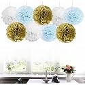 AMFIN 9 Pcs. 10" Tissue Paper Pom Pom Flower Balls for Birthday Wedding Party Anniversary Welcome Baby Shower s Light Blue, Beige &amp; White