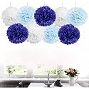 AMFIN® 9 Pcs. 10" Tissue Paper Pom Pom Flower Balls for Birthday Wedding Party Anniversary Welcome Baby Shower Decorations - Navy Blue, Light Blue &amp; White