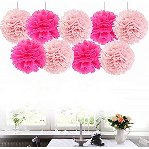 amfin 9 pieces 25 cm tissue paper pom pom flower balls - dark pink light pink