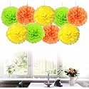 AMFIN 9 Pcs. 10" Tissue Paper Pom Pom Flower Balls for Birthday Wedding Party Anniversary Welcome Baby Shower Decorations - Orange, Yellow & Light Green