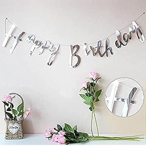 amfin pack of 1 happy birthday party cursive metallic banner - silver