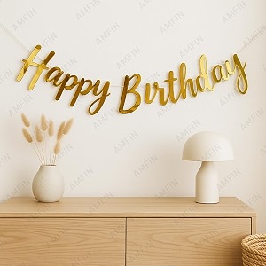 amfin pack of 1 happy birthday party cursive metallic banner - gold