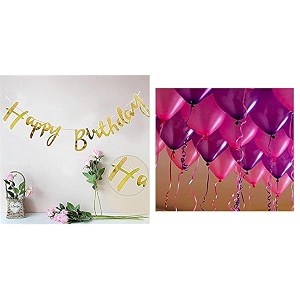 amfin happy birthday banner flag - gold amp amfin pack of 50 pink and purple balloons with matching curling ribbon