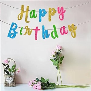 amfin pack of 1 happy birthday party cursive glitter banner - multi