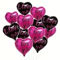 AMFIN (Pack of 10) 18 Inch Heart Foil Balloons, "I Love You" Printed - Dark Pink &amp; Black