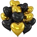 AMFIN (Pack of 10) 18 Inch Heart Foil Balloons - Gold &amp; Black