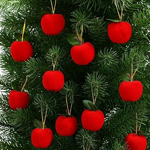 amfin pack of 12 small velvet apple christmas ornaments  decorative hanging apples for christmas tree red velvet finish with green leaf amp golden hanging string - red