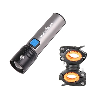 amicivision usb-rechargeable led flashlight t6 led 4 modes zoom-able powerful torch with built-in battery and cycle mount torch with cycle mount metal