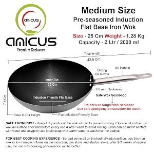amicus kitchen iron kadaiwoks for cooking amp deep frying pre-seasoned iron kadhaiwoks fry pan woks flat - induction compatible 25 cm - black