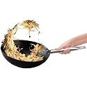 amicus Kitchen Iron Kadai/Woks for Cooking &amp; Deep Frying, Pre-Seasoned Iron Kadhai/Woks Fry Pan (Woks Flat - Induction Compatible, 25 Cm) - Black