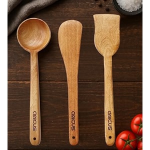 amicus neem wood spatula ladle turner for cooking dosa roti chapati flipping baking mixing serving kitchen tools naturally antimicrobial and non stick spatula set of 3 pieces
