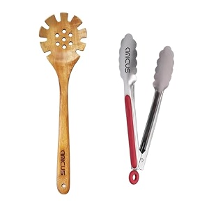amicus neem wooden pasta fork spaghetti and ss tongs for cooking serving grilling flipping noodle spaghetti server wood strainer skimmer spoons multipurpose kitchen utility tools set of 2 pieces