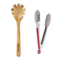amicus Neem Wooden Pasta Fork Spaghetti and Ss Tongs for Cooking Serving Grilling Flipping, Noodle Spaghetti Server, Wood Strainer Skimmer Spoons Multipurpose Kitchen Utility Tools, Set of 2 Pieces