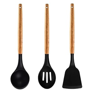 amicus silicon spatula set for kitchen non-stick pan cooking turner spoontula serving spoon with wooden handle kitchen tools set black