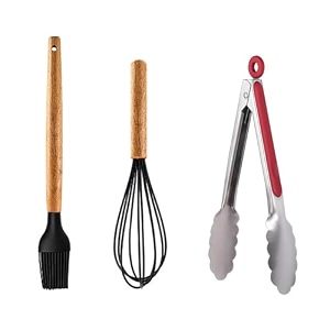 amicus silicone spatula set for kitchen non-stick pan cooking spatula whisk basting brush ss tongs with wooden handle silicone kitchen tools set multicolor