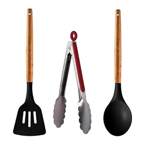 amicus silicone spatula set for kitchen non-stick pan cooking spatula slotted turner ss tongs serving spoon with wooden handle silicone kitchen tools set multicolor