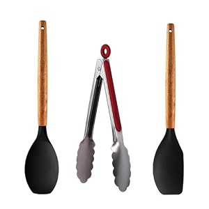amicus silicone spatula set for kitchen non-stick pan cooking spatula ss tongs spoontula with wooden handle silicone kitchen tools set multicolor