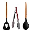 amicus Silicone Spatula Set for Kitchen, Non-Stick Pan Cooking Spatula Slotted Turner Ss Tongs Serving Spoon with Wooden Handle, Silicone Kitchen Tools Set, Multicolor