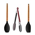 amicus Silicone Spatula Set for Kitchen, Non-Stick Pan Cooking Spatula SS Tongs Spoontula with Wooden Handle, Silicone Kitchen Tools Set, Multicolor