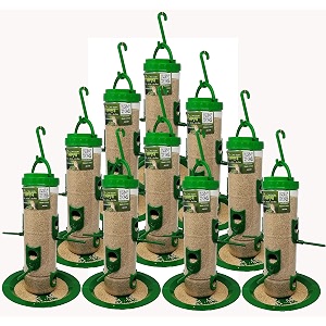 amijivdaya plastic bird feeder with holding handle with 6 feed nozzles - heavy duty hanging bird food feeder for balcony outdoor pack of 10 1300 gm capacity large green