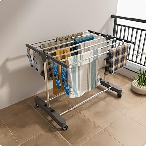 amiraj premium stainless steel clothes drying stand  1 tier 1 pole foldable laundry rack with wheels amp sock holder  heavy duty indoor amp outdoor cloth dryer for balcony terrace amp home - gray