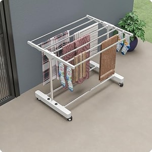 amiraj premium stainless steel clothes drying stand  1 tier 1 pole foldable laundry rack with wheels amp sock holder  heavy duty indoor amp outdoor cloth dryer for balcony terrace amp home - white