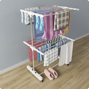 amiraj 2 tier 1-pole premium heavy-duty stainless-steel clothes drying stand with wheels  foldable laundry rack with sock holder  indoor amp outdoor cloth dryer for balcony terrace amp home - white