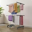 Amiraj 2 Tier 1-Pole Premium Heavy-Duty Stainless-Steel Clothes Drying Stand with Wheels | Foldable Laundry Rack with Sock Holder | Indoor &amp; Outdoor Cloth Dryer for Balcony, Terrace &amp; Home - Gray
