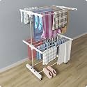 Amiraj 2 Tier 1-Pole Premium Heavy-Duty Stainless-Steel Clothes Drying Stand with Wheels | Foldable Laundry Rack with Sock Holder | Indoor &amp; Outdoor Cloth Dryer for Balcony, Terrace &amp; Home - White