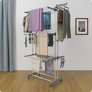 amiraj premium stainless steel clothes drying stand  3 tier 2 pole foldable laundry rack with wheels amp sock holder  heavy duty indoor amp outdoor cloth dryer for balcony terrace amp home - gray