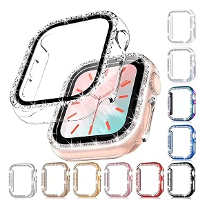 amirite adw02 case bumper cover with built-in 9h tempered glass screen protector compatible with apple watch bling diamond rhinestone case for iwatch series 65  4  se 45mm black - diamond