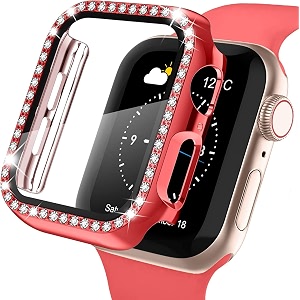 amirite adw03 case bumper cover with tempered glass screen protector compatible with apple iwatch bling diamond rhinestone case for all watch series 41mm red - diamond
