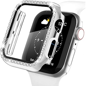 amirite- smart gadgets store adw03 case bumper cover with tempered glass screen protector compatible with apple iwatch bling diamond rhinestone case for all watch series 45mm silver - diamond
