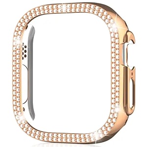 amirite adw03 case bumper cover with tempered glass screen protector compatible with apple iwatch bling diamond rhinestone case for all watch series 49mm rose gold  diamond without glass 