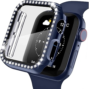 amirite adw03 case bumper cover with tempered glass screen protector compatible with apple iwatch bling diamond rhinestone case for all watch series 44mm blue - diamond