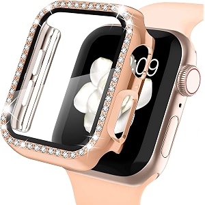 amirite adw03 case bumper cover with tempered glass screen protector compatible with apple iwatch bling diamond rhinestone case for all watch series 45mm rose gold - diamond